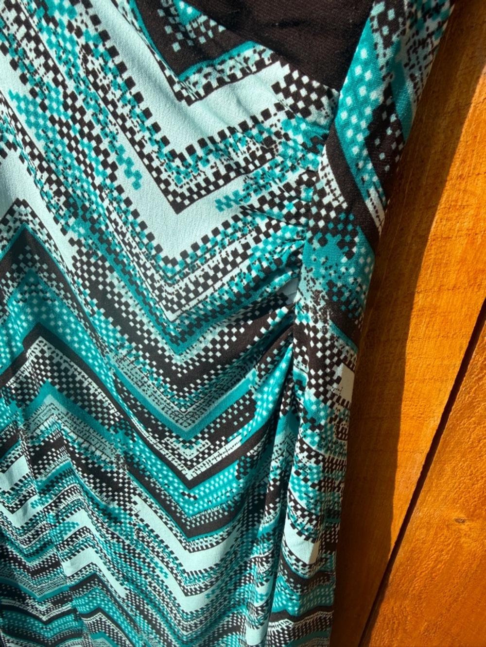 La Belle Turquoise Chevron Faux Wrap Asymmetrical Dress with Brown Trim - Large - Picture 10 of 13